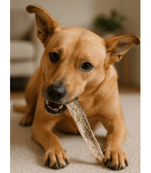 Chien qui mastique une peau de carpe.
