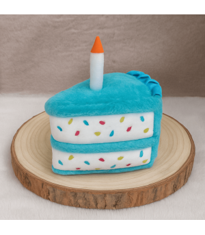 Peluche part de gâteau bleu pour chien.