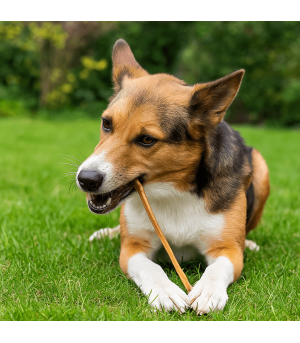 Chien qui mastique une trachée de dinde.