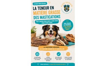 Mastications pour chien pawsdetente.com, classées du moins gras au plus gras.